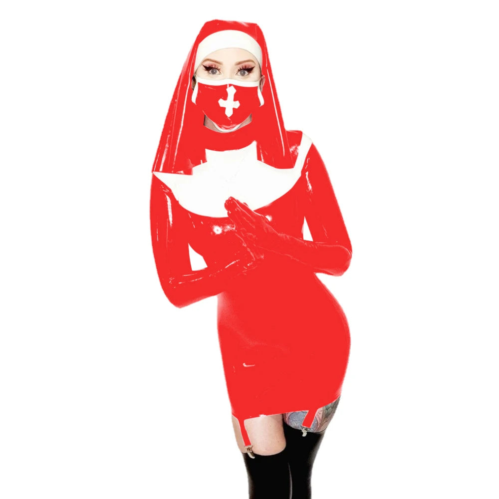 Sexy Nun Cosplay Long Sleeve Bodycon Mini Garter Dress Vinyl PVC Leather High Neck Nun Dress Outfit Halloween Nun Uniform Suit