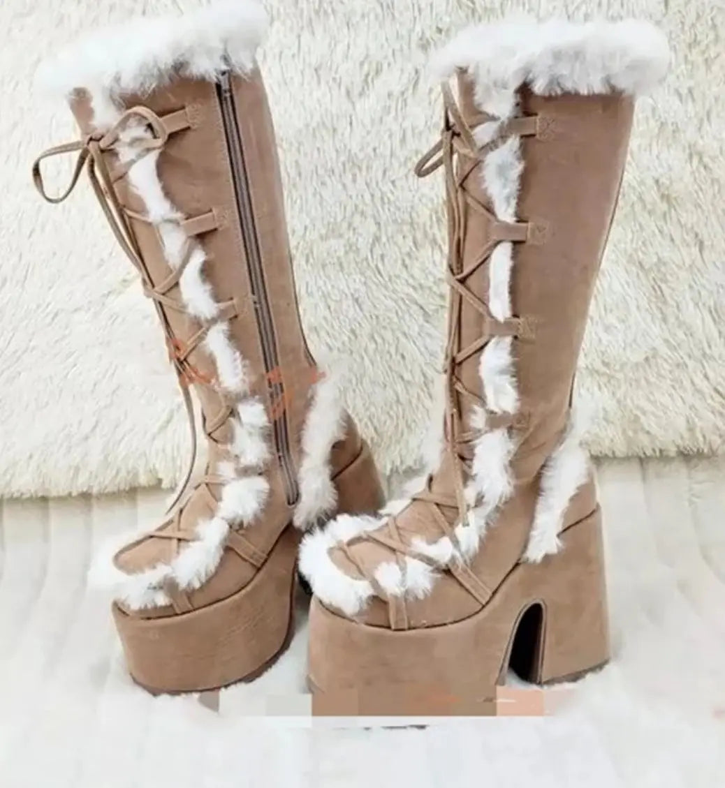 New Winter Women Snow Boots Platform High Heel Faux Fur Lady Shoes Female Plush Warm Non-slip Mid Calf Boots Goth Shoes