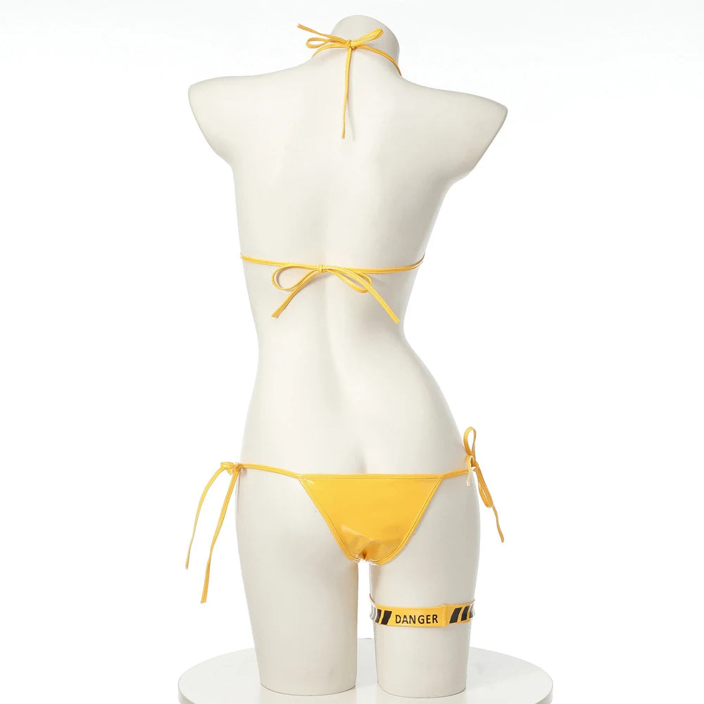AniLV Danger Warning Yellow Bikini Swimsuit Women Anime Game Three Point Leather Underwear Set Costume Cosplay