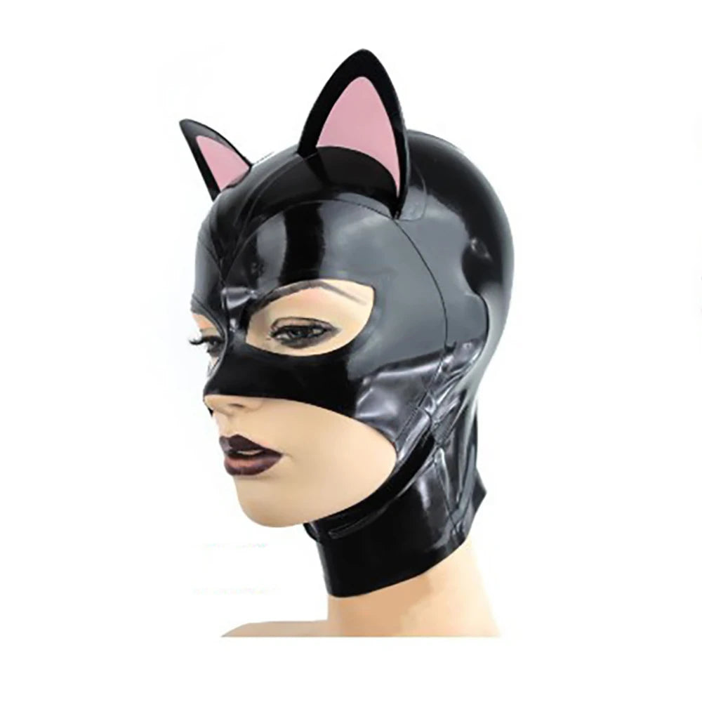 Adult Latex Hood Mask with Pink Cat Ears Back Zipper Rubber Head Mask Pretty Women Cosplay Costumes Props
