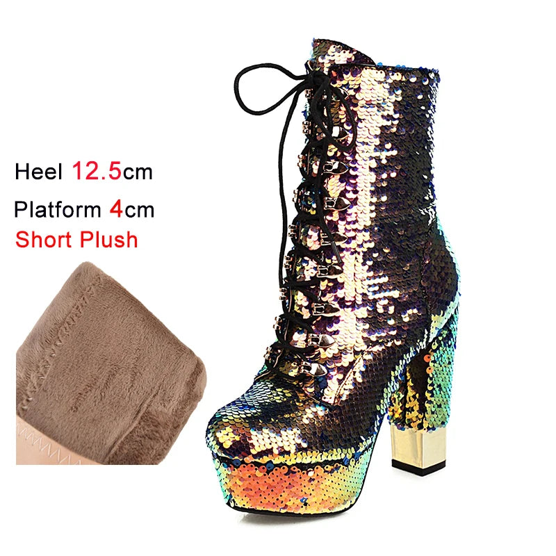 Golden Short Boots Women Platform Heels Glitter Bling Round Side Zip Block Heel Shoes Gold Silver Green Size 34-43 Botas Mujer
