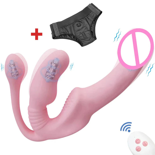 Strapless Strap on Dildo Vibrator Anal Plug Massager Lesbian 3 in 1 Vibrator G-Spot Stimulate Clitoris Sex Toy for Couple
