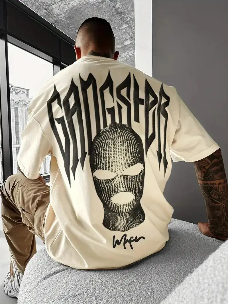 24/25 High-quality American High Street Masked Person Printed T-shirt for Men Oversized Loose Harajuku Short Sleeved Tops