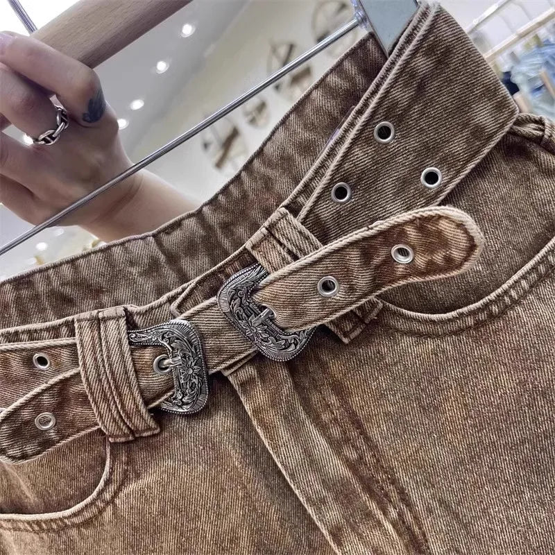 Retro Brown Shorts with A Cut Waistband High Waist Personalized Fashion Wide Leg Hot Pants Shorts Women