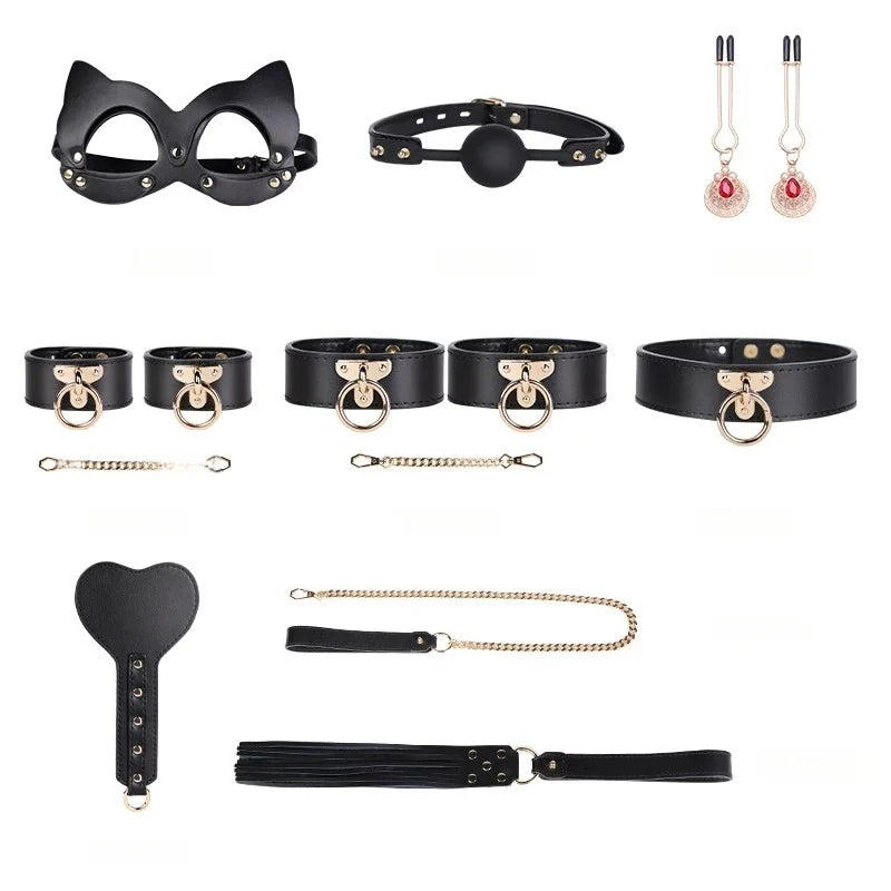 Genuine Leather BDSM Bondage Set - High Quality Fetish Handcuffs, Collar, Gag & Whip for Women, Couples Adult Erotic Sex Toys