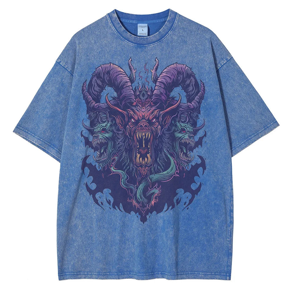 Cotton Distressed Batik Washed Graphic T-shirts Hell Demon Beast Printed T-shirt Drop Shoulder Vintage Oversized T-shirt 230GSM