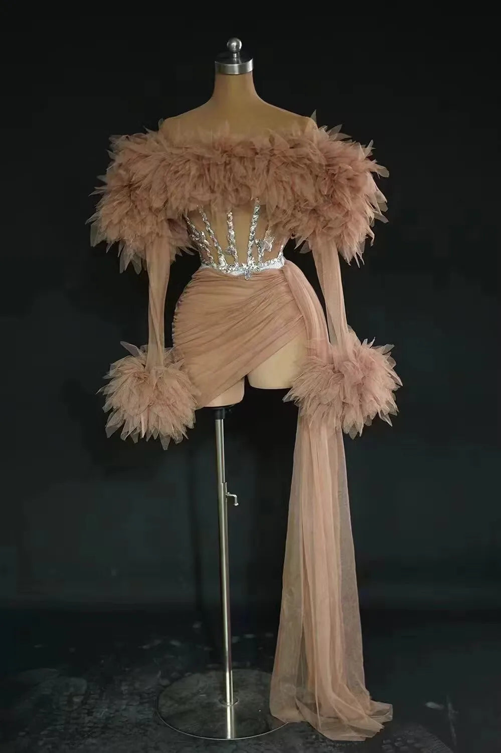 ASHBURN™ PLUME AFFAIR: Multi-Color Feathered Corset Gown with Side Drape