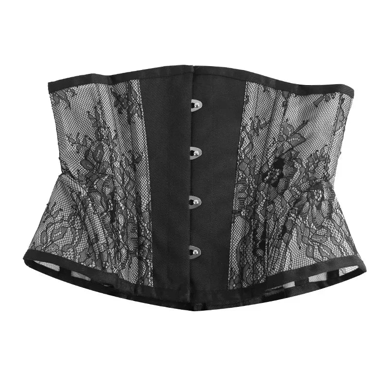 Waist Trainer Corset Top Plus Size Spiral Steel Boned Gothic Women Sexy Lace Mesh Body Shaper Underbust Bustier Black