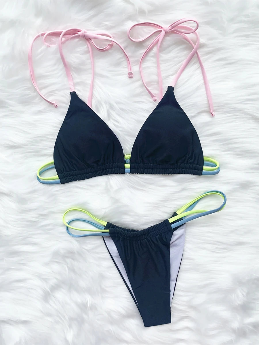 ASHBURNS 2025 String Triangle Strappy Thong Bikini Black Swimsuit Women Sexy Swimwear Female Bather Bathing Swimming Swim Suit Beachwear