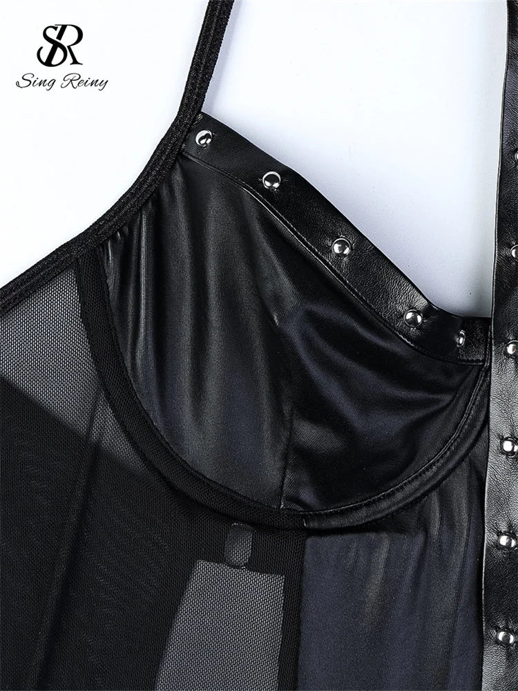 SINGREINY Club Mesh Spliced Leather Sexy Dress Fashion Bandage Hollow Out Slim Dress 2024 Women Halter PU Backless Sensual Dress