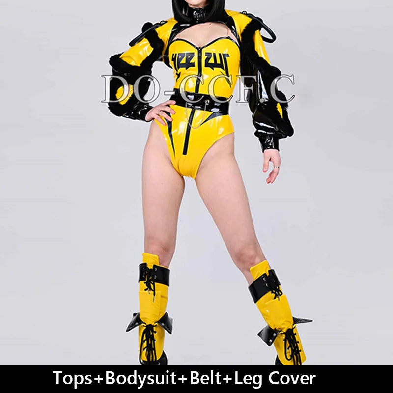 Gogo Dance Clothes Showgirl Stage Costume Black Yellow Bodysuit Drag Queen Outfit Nightclub Party Rave Clothing Jazz Dance 3097