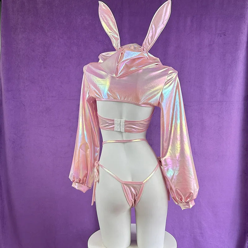 Sexy Lingerie Anime Bunny Girl Cosplay Pink Laser Patent Leather Bikini Rabbit Girl Shiny Halloween Underwear