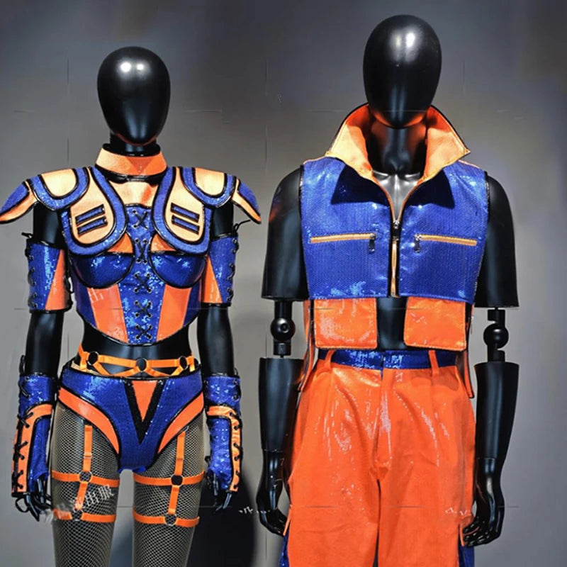 Gogo Show Stage Costume Orange Blue Futuristic Armour Performance Suit Jazz Pants Drag Queen Outfit Festival Rave Clothing 3748