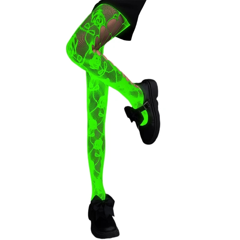 Women Glow in Dark Halloween Fishnet Pantyhose Luminously Spiderweb Skull Pattern Mesh Tights Stockings Party Hosiery