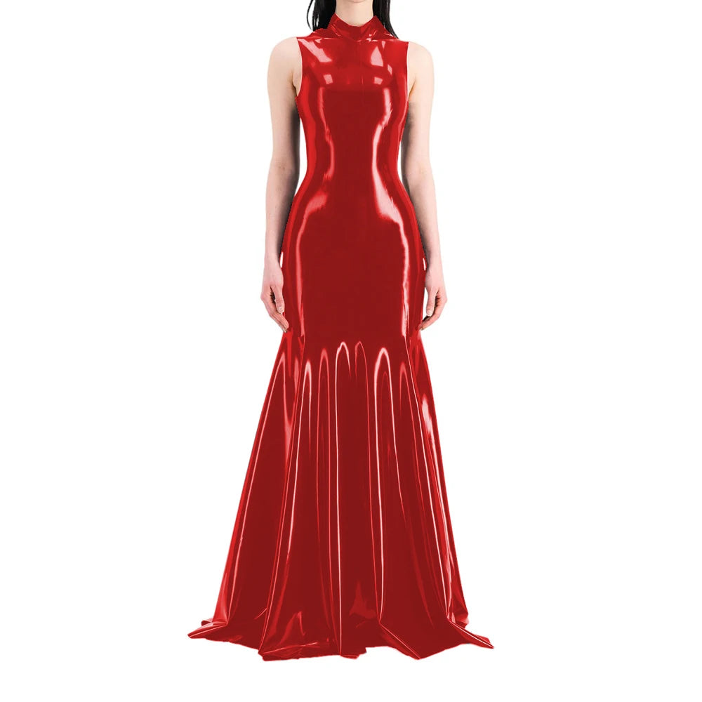 Women's Sleeveless Half High Neck Wet Look PVC Maxi Dress, Faux Latex Mermaid Floor-Length Dress, Party Club Fetish Outfit,