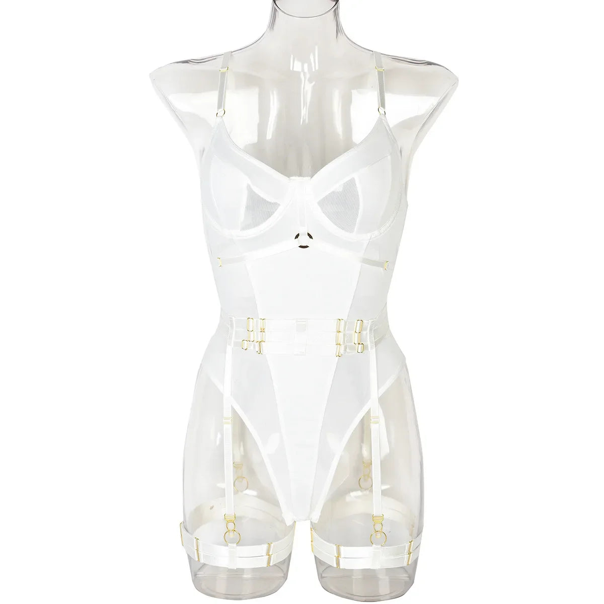 Toucheart Sexy Slim Bodysuit Women Belt Heavy Metal High-end Underwear 3-piece Set Mesh Patchwork See-through Sexy Lingerie Set