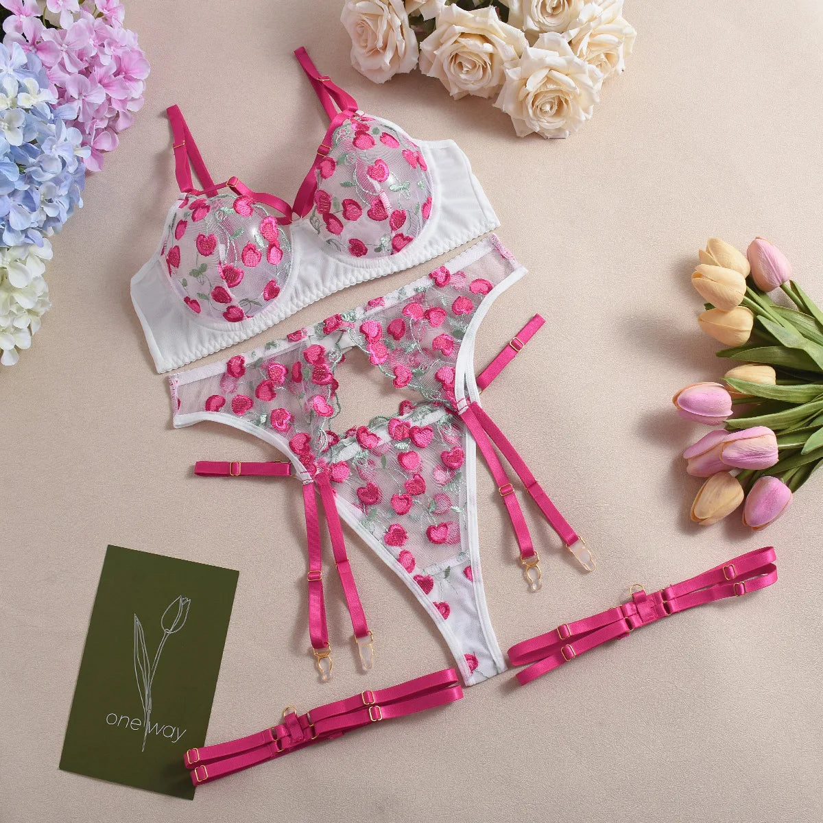 Ashburn Sexy Lingerie Suit for Women Mesh See-through Embroidery Contrast Color Sexy Temptation 4-piece Bra Set Sexy Underwear