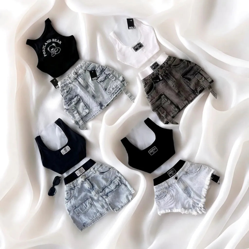 Y2K retro popular sweet sexy camisole mini denim skirt tank top two piece set harajuku low waist splicing hot girl skirt sets