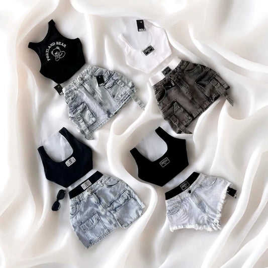 Y2K retro popular sweet sexy camisole mini denim skirt tank top two piece set harajuku low waist splicing hot girl skirt sets