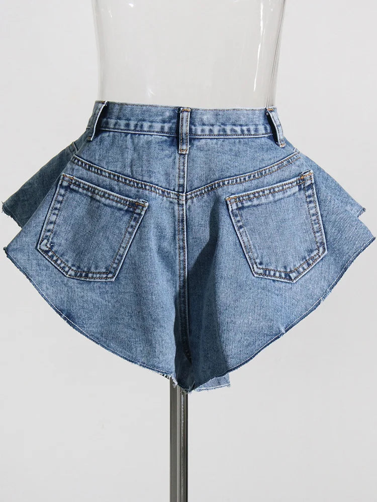 Patchwork Pockets Solid Casual Denim Shorts For Women High Waist Spliced Button Minimalist Loose Short Pants Female Style