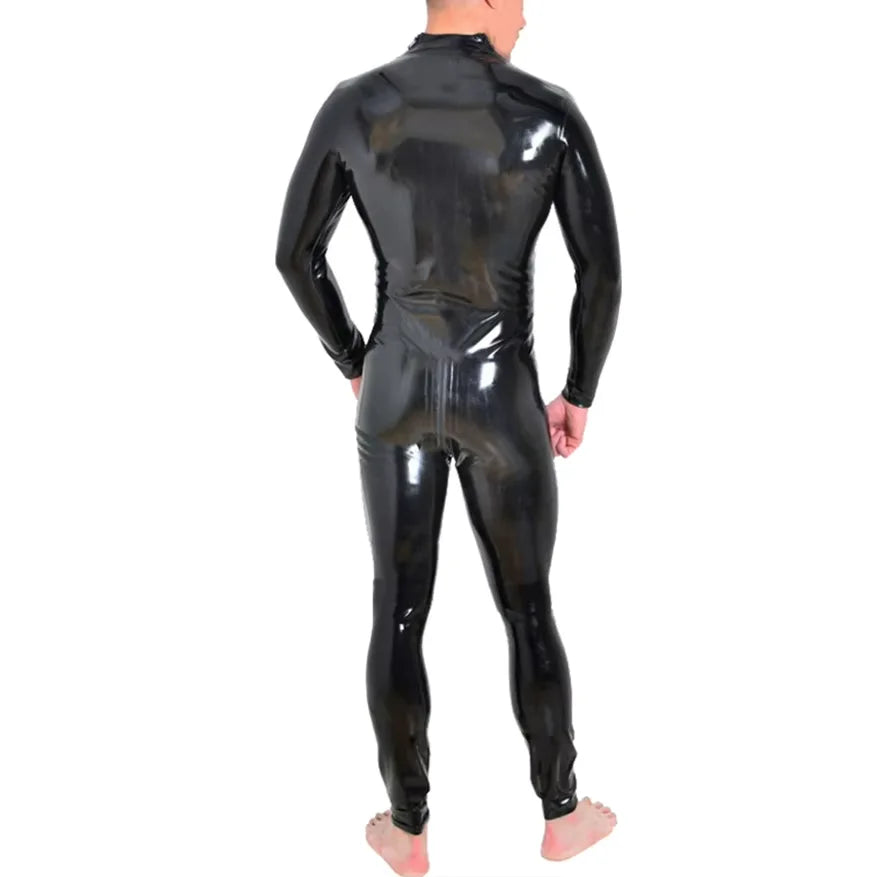 Latex Male Shoulder-zip Catsuit through-crotch zip Men Rubber Fetish Bodysuit Costumes Tight Jumpsuit Handmade