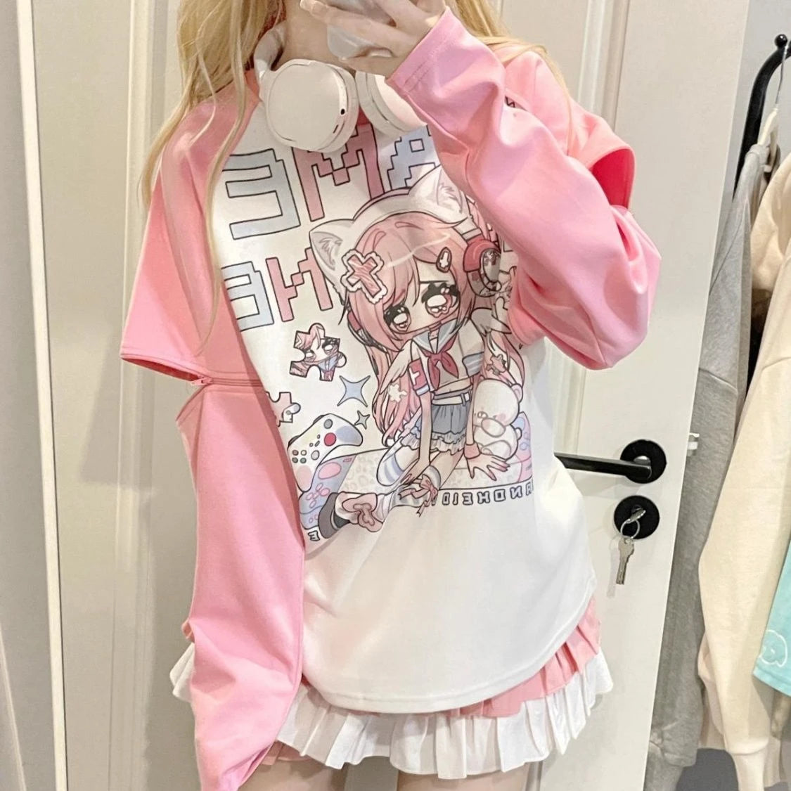 Autumn Japanese Cartoon Print Hoodie Women Clothing Patchwork Y2k Aesthetic Tops 2025 Oversized Casual Zipper Grunge Sweatshirt