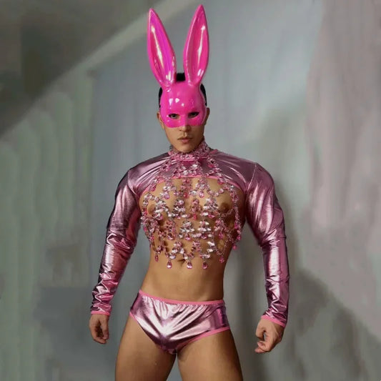 Male Pink Rabbit Masks Rhinestones Chest Chains Sexy Stage Rave Outfits Gogo Dancer Team Nightclub Bar Performance Dance Costume