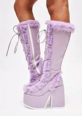 New Winter Women Snow Boots Platform High Heel Faux Fur Lady Shoes Female Plush Warm Non-slip Mid Calf Boots Goth Shoes