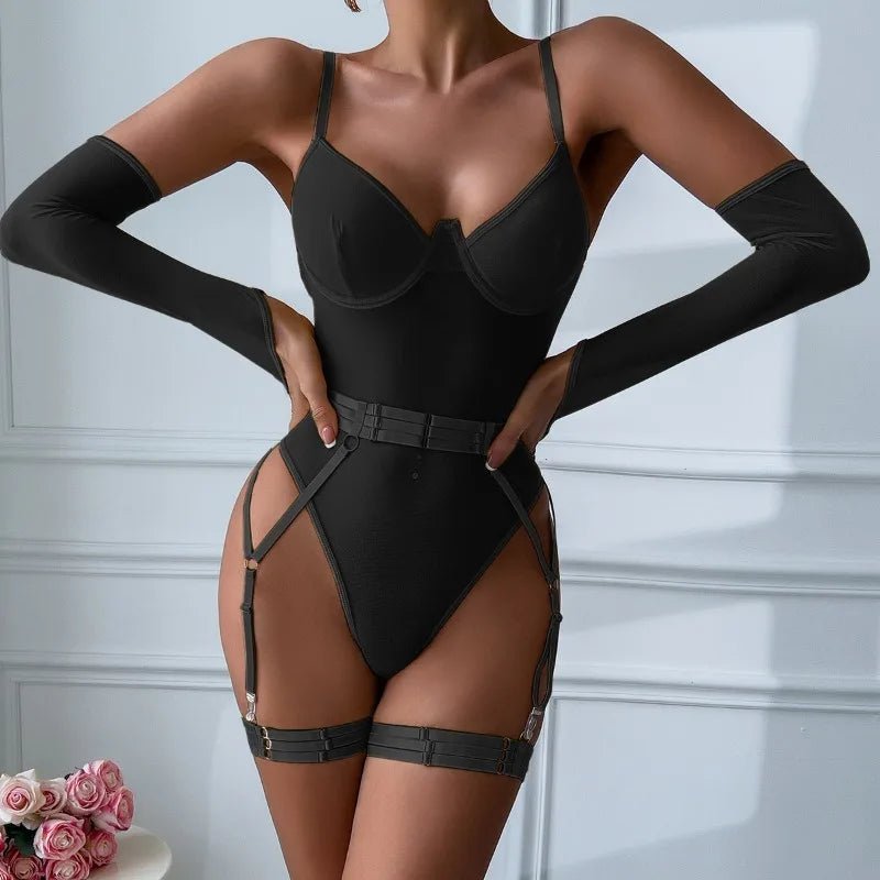 Toucheart Sexy Lingerie Onesie Suit for Women Solid Color Mesh Lace Up See-through Underwear Suit Sexy Gloves Garters Underwear