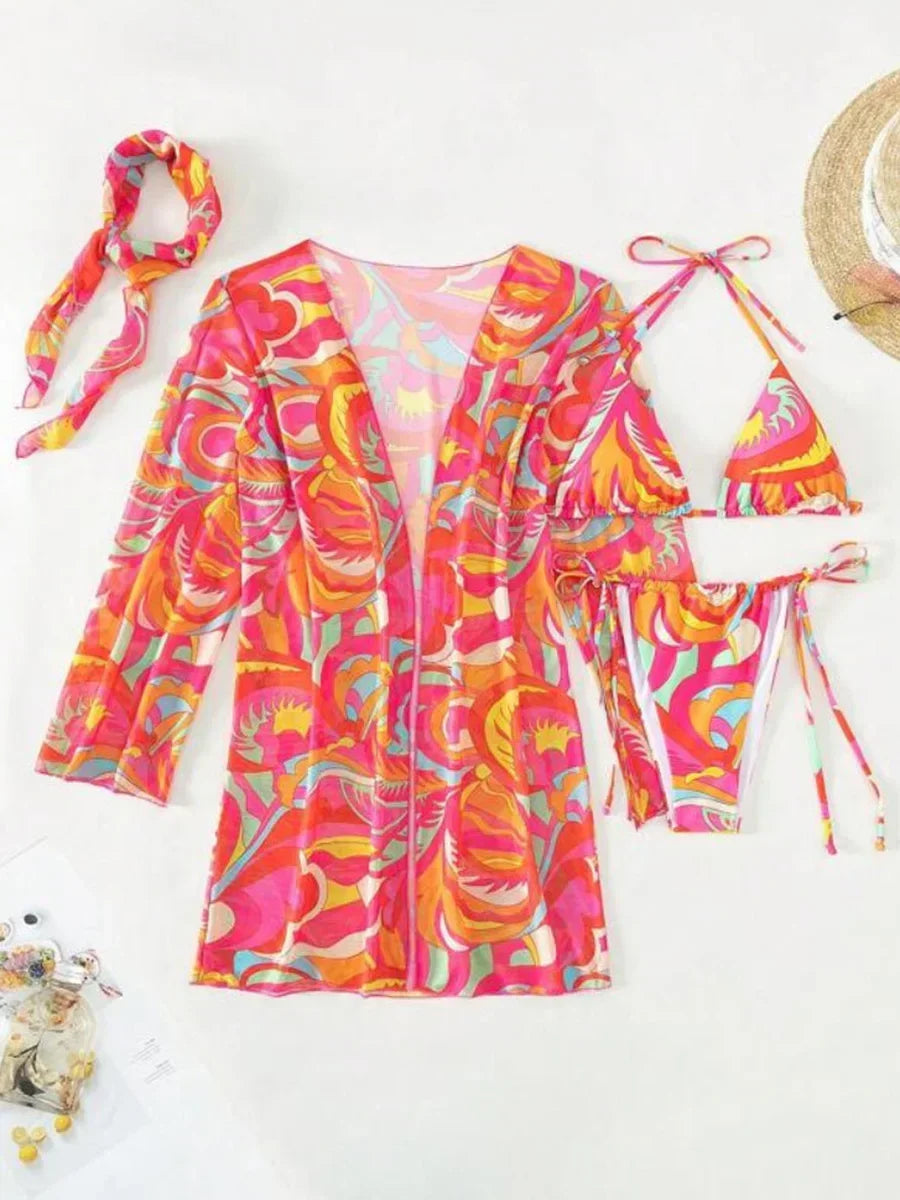 4 PCS Printed With Cover Up Hairband Bikini