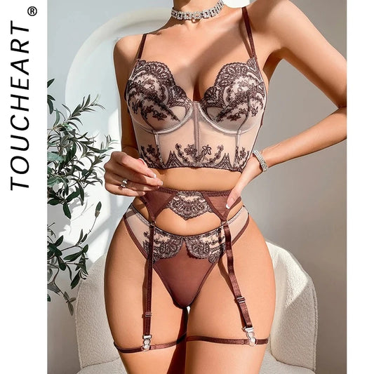 Toucheart Sexy Thin Bra Set For Women Embroidered See-Through Mesh Lace Patchwork Push-Up Sexy Contrast Color Underwear New Suit