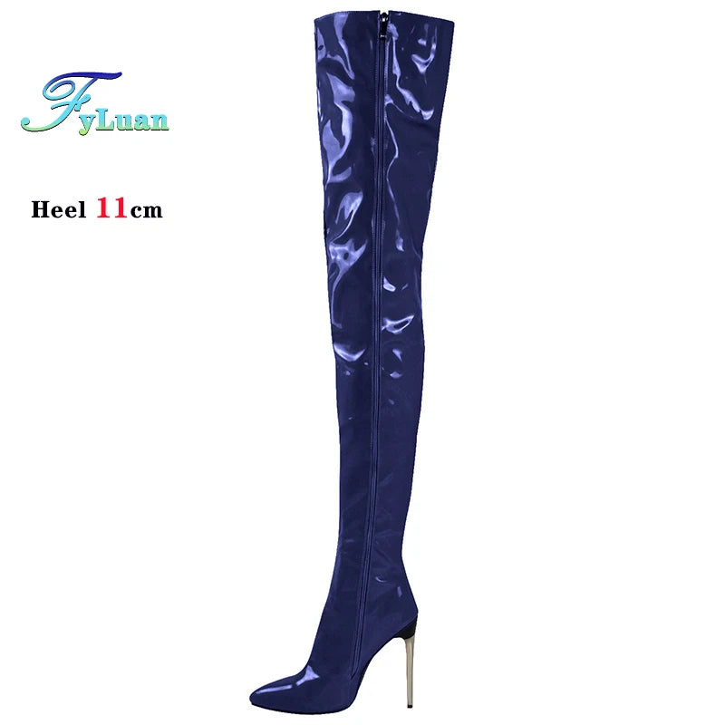 Size 35-48 Over-the-Knee Boots For Woman Patent Leather Nightclub Long Shoes 11CM Women Thigh Boots Stripper Heels Botas Mujer