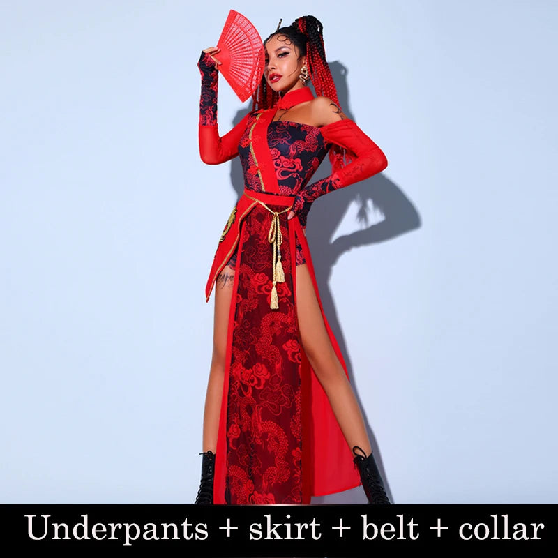 Red Festival Outfits Hip Hop Clothes For Adults Gogo Dance Stage Costumes Chinese Style Women'S Jazz Performance Clothes