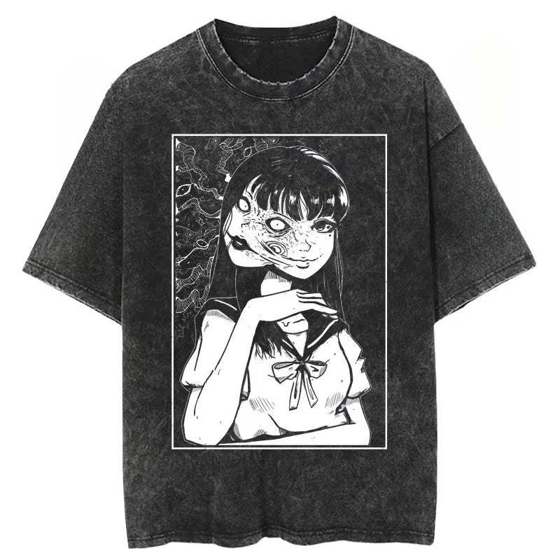 Anime Tomie Kawakami Junji Ito High-Street Washed Distressed Casual Sporty Light Luxury Men's Tees, Women's Short Tees & Couple
