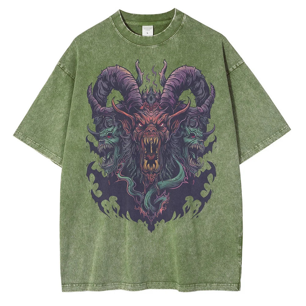 Cotton Distressed Batik Washed Graphic T-shirts Hell Demon Beast Printed T-shirt Drop Shoulder Vintage Oversized T-shirt 230GSM