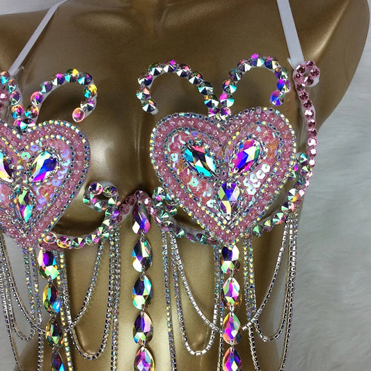 Samba Carnival Bra Rainbow Pink & RED Stone Belly dancing WIRE BRA message to order direct from Ashburn.