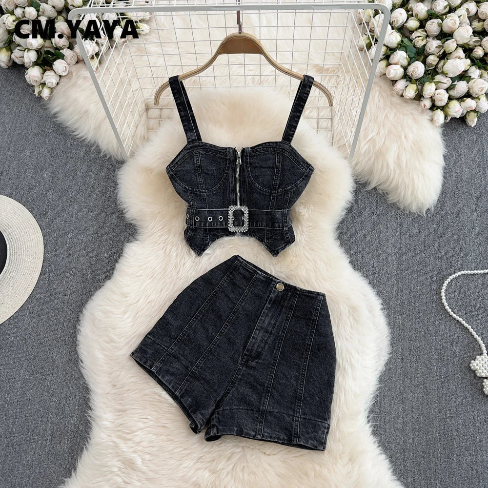 CM.YAYA Women Set Denim Strapless Belt Top +Mini shorts Sets Street Casual Two 2 Piece Set Sexy Party Outfit 2024 Summer