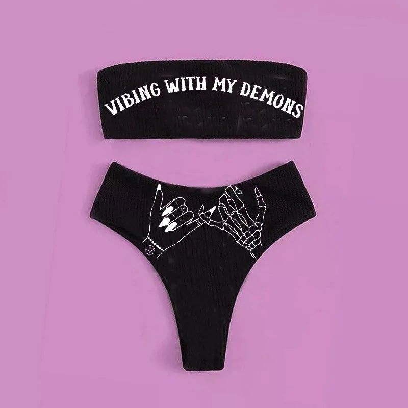 Gothic Bikini 2025 Women Skeleton Tube Top Bra Triangle Bottoms Swimsuit Split Bathing Suit Underwear Y2K Bikinis Punk Swimwear