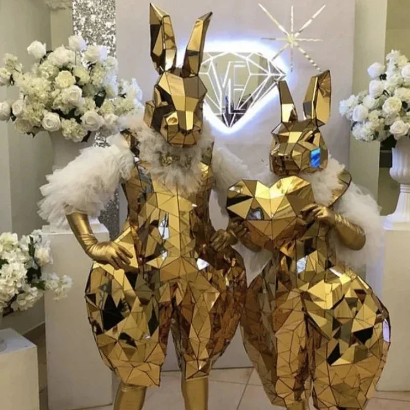 Gold Mirror Cosplay Surface Costume Adult Women Easter Festival Parade Party Outfit Rabbit Mascot Bunny Carnival Jumpsuit Men DJ