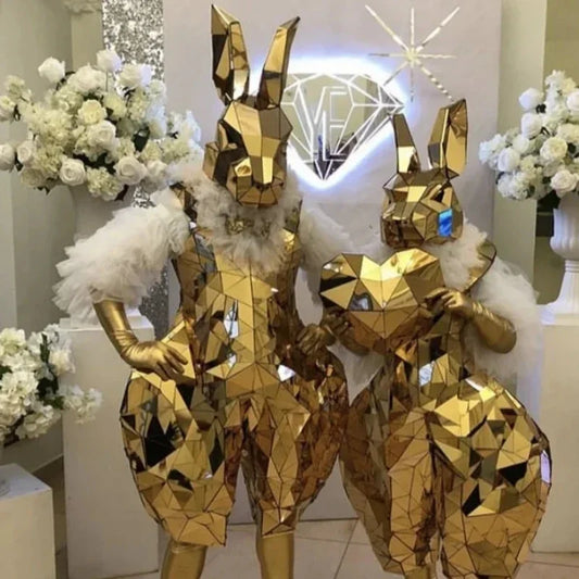 Gold Mirror Cosplay Surface Costume Adult Women Easter Festival Parade Party Outfit Rabbit Mascot Bunny Carnival Jumpsuit Men DJ