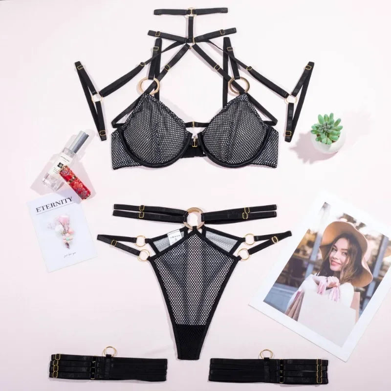 Toucheart Sexy 5 Piece Lingerie Set Women's Underwear Mesh See-Through Solid Color Straps Garters Halter Exotic Underwear Set