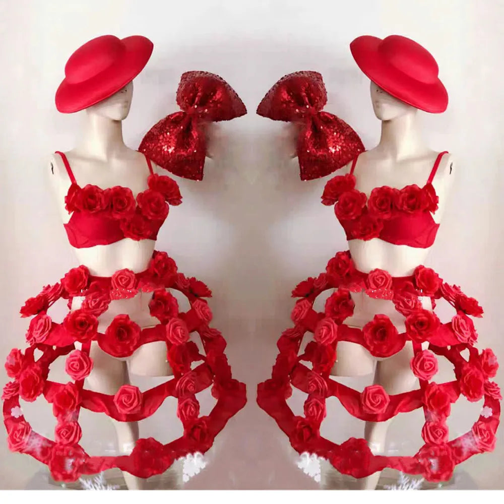Valentine's Day Costume Red Rose Flower Tiered Skirt Dance Outfit Adult Carnival Party Bar Nightclub Performance Sexy Stage Wear