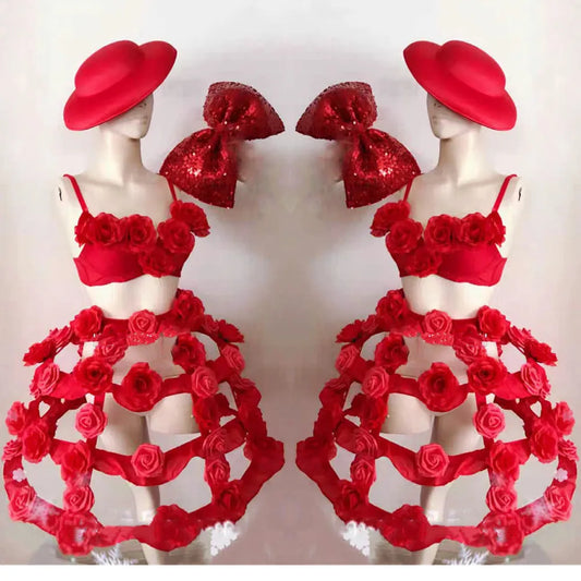 Valentine's Day Costume Red Rose Flower Tiered Skirt Dance Outfit Adult Carnival Party Bar Nightclub Performance Sexy Stage Wear