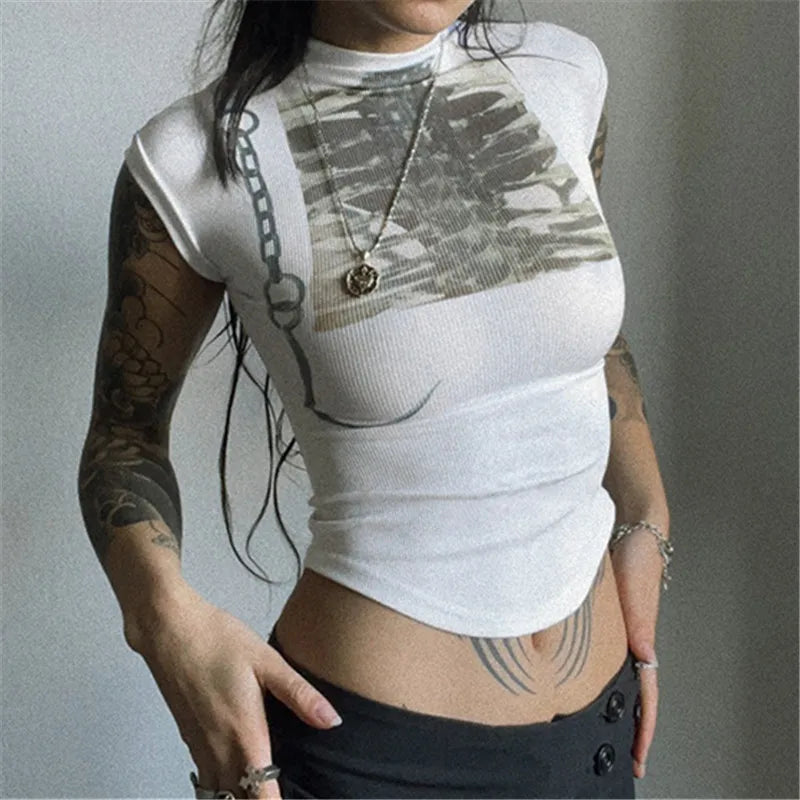 Goth Dark Streetwear Tees Chic Print Half High Neck Crop Tops Cyber Y2K Slim T-shirts Gothic E-girl T-shirt Women Casual Blouse