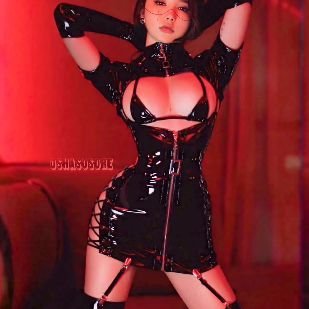 Sexy Dark  Nurse Cosplay Costume Leather Dress Leotard Elastic Hot Anime Cosplay Makima Dark Nurse Halloween Costumes for Women