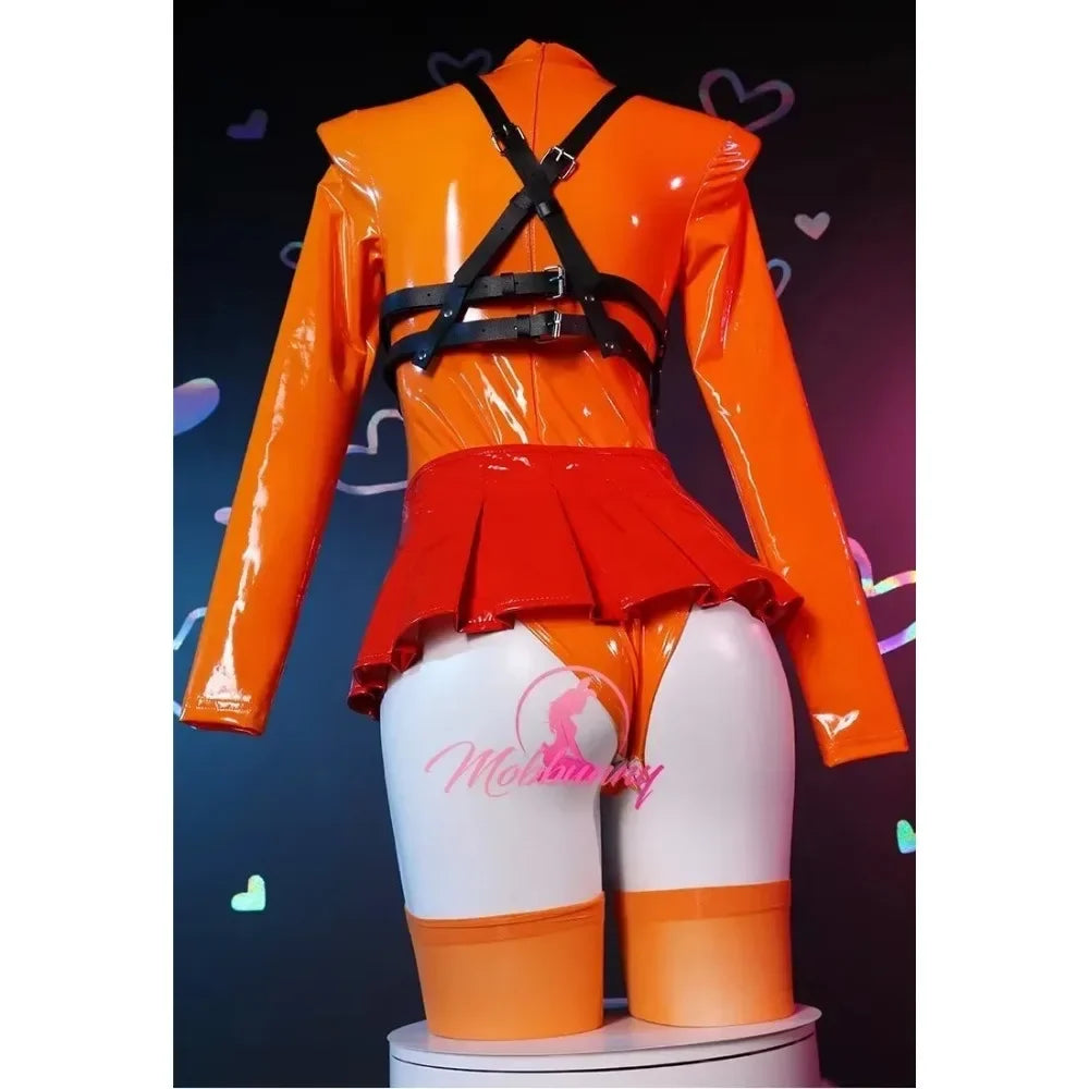Women Velma Cosplay Costume Women Lingerie Orange Chest Open Bodysuit and Lace-up Mini Skirt with Socks
