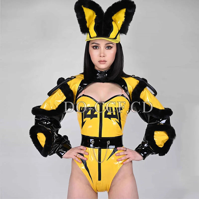 Gogo Dance Clothes Showgirl Stage Costume Black Yellow Bodysuit Drag Queen Outfit Nightclub Party Rave Clothing Jazz Dance 3097