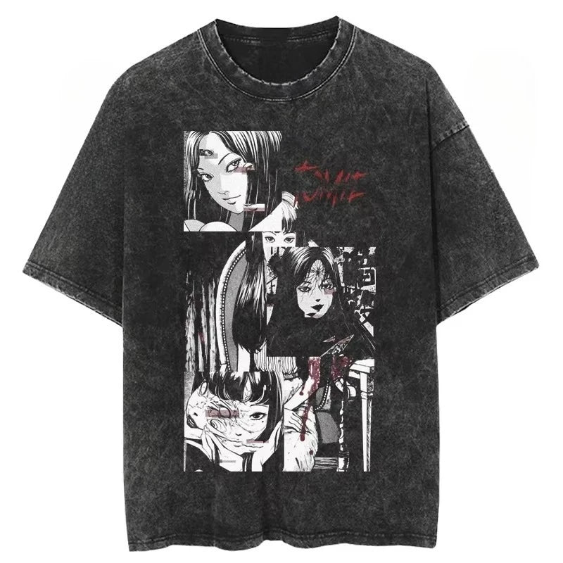 Anime Tomie Kawakami Junji Ito High-Street Washed Distressed Casual Sporty Light Luxury Men's Tees, Women's Short Tees & Couple