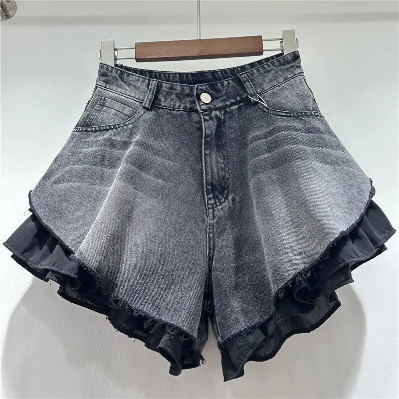 New Fashion Women's Patchwork Hem Wash Denim Shorts 2025 Summer Trendy High Waist A-line Short Pants Female
