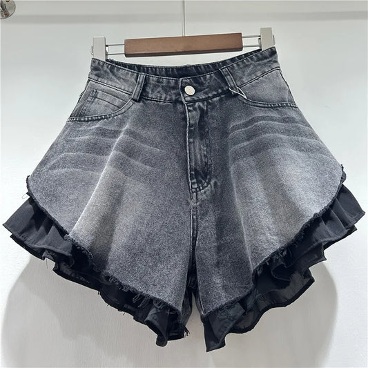 New Fashion Women's Patchwork Hem Wash Denim Shorts 2025 Summer Trendy High Waist A-line Short Pants Female
